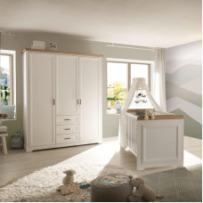 Lomadox Baby Room Wardrobe / Cupboard / Cot / Cottage Style Pine White with Oak