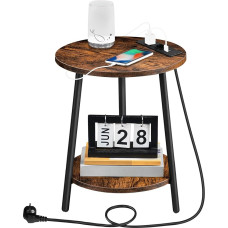 HOOBRO Šoninis staliukas su įkrovimo stotele, apvalus kavos staliukas su 2 lygiais, svetainės staliukas, naktinis staliukas mažoms erdvėms, sofos staliukas svetainei, miegamajam, vintažinė ruda ir juoda EBF67CBZ01