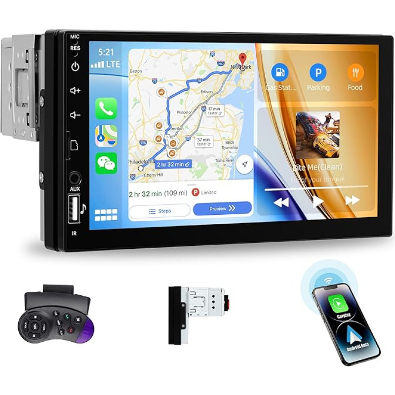 CAMECHO1 Din Autoradio mit Drahtlos CarPlay Android Auto, Radio 1 Din mit 7 Zoll HD Touchscreen Bluetooth GPS Navi, WiFi, FM/RDS,USB,AUX,TF Kartenleser