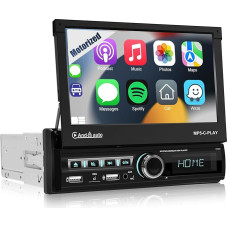 [Motorised] 1 DIN Car Radio with Wireless Carplay & Android Car - 7 Inch IPS Flip Out Touchscreen Car Radio with Mirror Link, EQ, Bluetooth, FM Radio, SWC, AUX/SD/USB Input + Reversing Camera