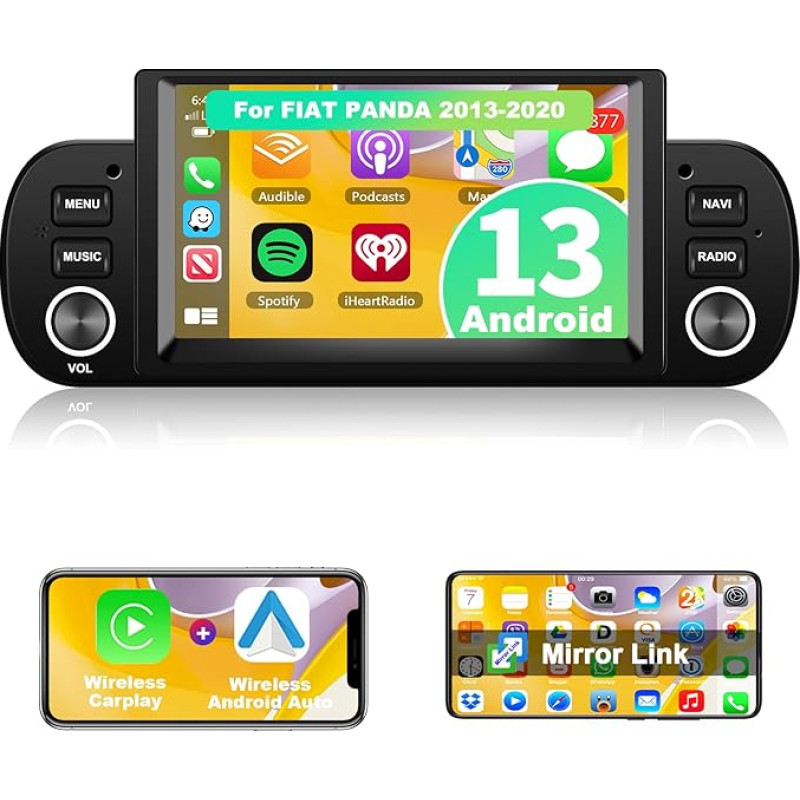 Motorsi Autoradio für FIAT Panda 2013-2020, 6.2 Zoll Kabelloses A-pple Carplay Android Auto Bluetooth Bildschirm,Android Multimedia Player mit GPS/WiFi/RDS/FM/SWC/USB+AHD/CVBSRückfahrkamera+Mikrofon