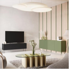 Wohnmöbel Set Wohnwand in schwarz matt und olivgrün mit Eiche, 2-teilig mit Lowboard, Sideboard, modern, grifflos