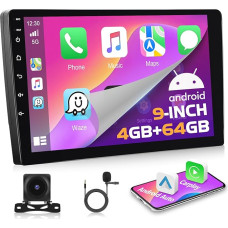 [4G+64G] 2-DIN-Autoradio mit kabellosem Apple CarPlay & Android Auto, 9-Zoll-HD-Touchscreen mit Android-Radio, GPS-Navigation, Bluetooth, Mirror Link, SWC, EQ, FM, RDS, Rückfahrkamera und Mikrofon