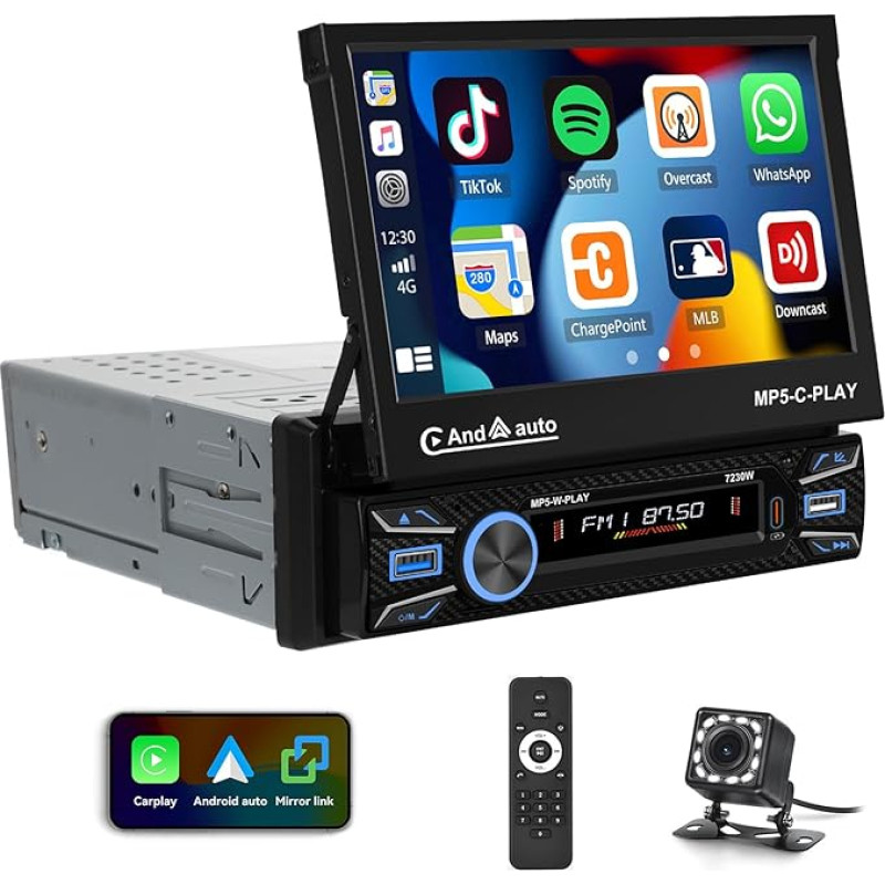 1 Din Wireless Carplay Android Auto Autoradio mit 7 Zoll motorisiertem Flip-Out-Touchscreen Autoradio Bluetooth-Verbindung Spiegel FM USB AUX SD Rückfahrkamera Lenkradfernbedienung