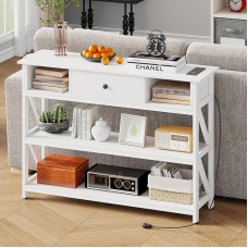 Mexin 39 Zoll Konsolentisch mit 2 Ausgängen und 2 USB-Anschlüssen, Eingangstisch mit Schublade und Aufbewahrungsregalen, schmaler Sofatisch für Wohnzimmer und Flur, Weiß