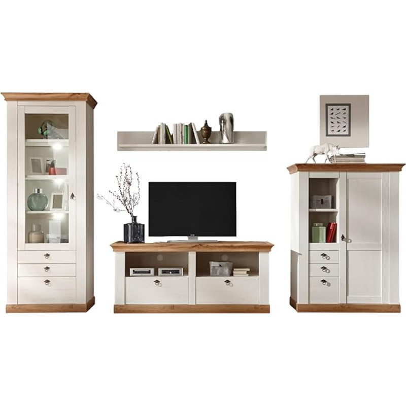 Furn.Design Wohnwand in weiß Pinie und Eiche Wotan, Landhaus Schrankwand 4-teilig 356 x 204 cm, Hemsby