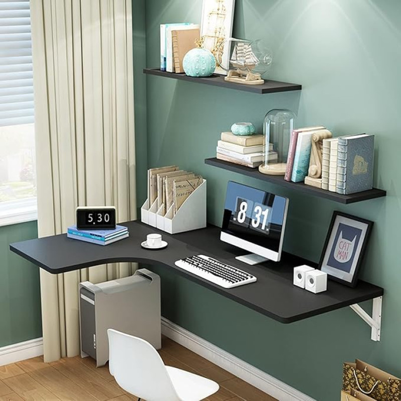 Gardeneea An der Wand montierter Eck-Klapp-Computertisch, klappbarer schwebender Schreibtisch für kleine Räume (Schwarz Links)