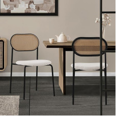 ML-Design Dining Room Chairs, Set of 2, Beige, Kitchen Chairs with Rattan Backrest, Padded Chairs with Curved Mesh Back, Rattan Chair with Metal Legs, Armless Upholstered Chairs, Accent Chairs for