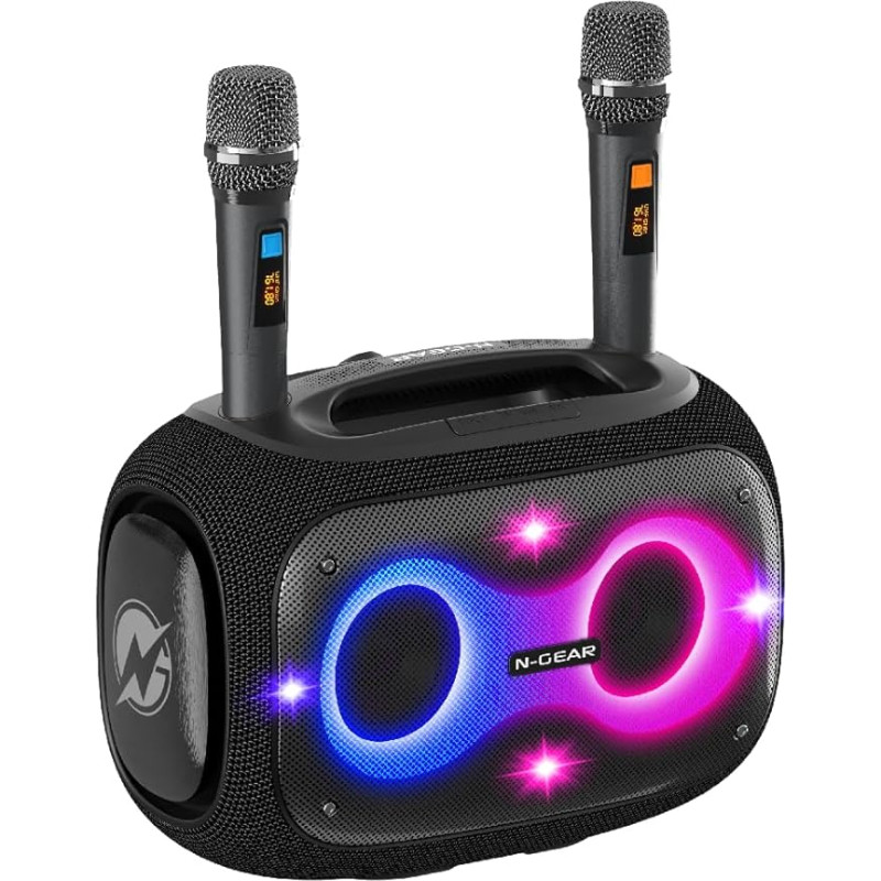 N-Gear NRG 600 Bluetooth Speaker Music Box - Party Box Bluetooth and Karaoke Machine with 2 Microphones in One - 600 Watt, Super Deep Bass, IPX5 Waterproof, 10 Hours Playtime, LED Lighting