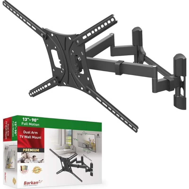 Barkan TV Wall Mount, 13 - 90 Inch Double Arm, Swivelling / Full Motion Flat & Curved TV Mount, Holds up to 60 kg, Extra Stable, for LED OLED LCD, Max. VESA 600 x 400