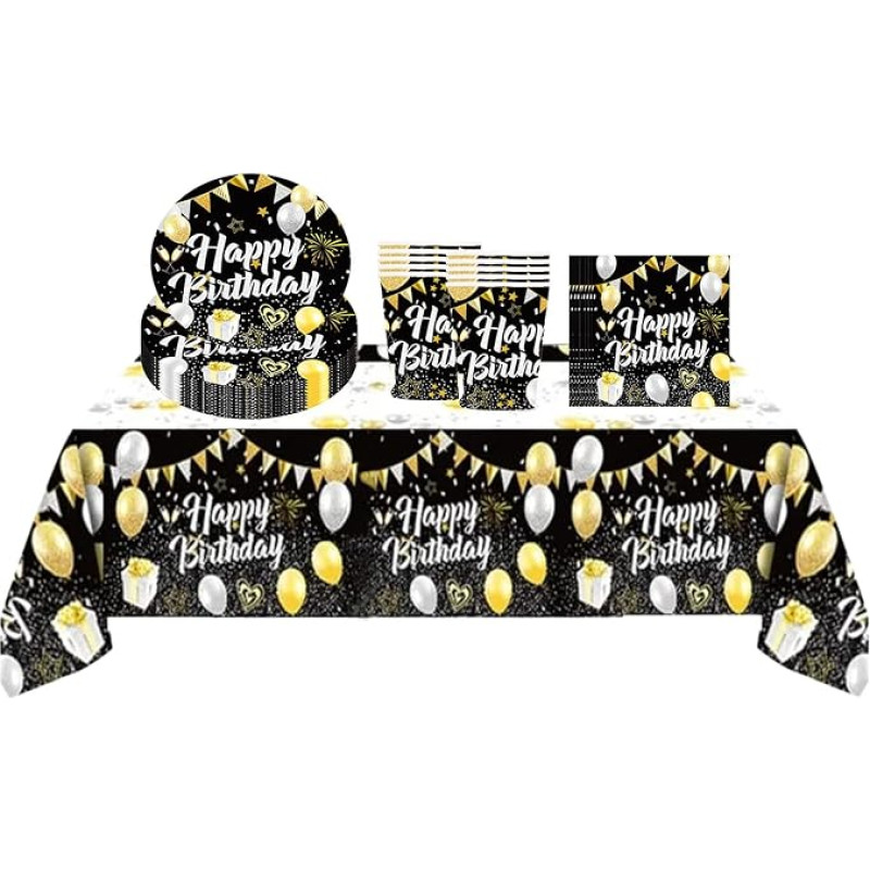 Black Gold Happy Birthday Party Decorations Tableware Set for Men, Women, Boys, Girls, 31-Piece Disposable Birthday Tableware, Cups for Him, Birthday Party Supplies