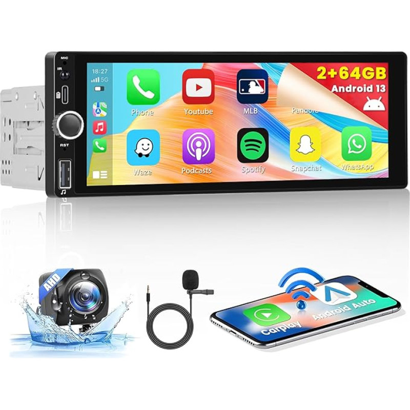 2GB + 64GB 1 DIN Android 13 Car Radio with Sat Nav Wireless Carplay Android Car, 6.9 Inch Screen Radio Bluetooth Mirror Link WiFi FM/RDS/EQ/USB Steering Wheel Control Reversing Camera