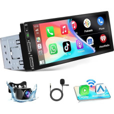 Podofo Car Radio 1 DIN with Wireless Apple CarPlay, Bluetooth, Android Car, with 6.86 Inch Screen, Car Radio Display, Supports FM Mirror Connection, Reversing Camera and Microphone