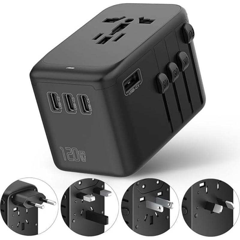 International 120W Travel Adapter, 4USB-C & 1USB-A Worldwide Wall Charger, GaN Fast Charger with UK EU-AU-US Plugs, International All-in-One Converter for Laptops, Tablets, Phones