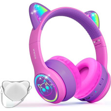 IFecco Kids Wireless Headphones with Microphone, Kids Girls Bluetooth Headphones with Case, LED Lights Cat Ear Headphones for iPad/Kids Tablet/Smartphone/School