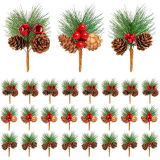 KYTech Christmas Pine Picks 24 Pieces Artificial Pine Cones Red Berries Christmas Wreath Making Accessories Christmas Flowers Berry Garland Christmas Decorations (3 Different