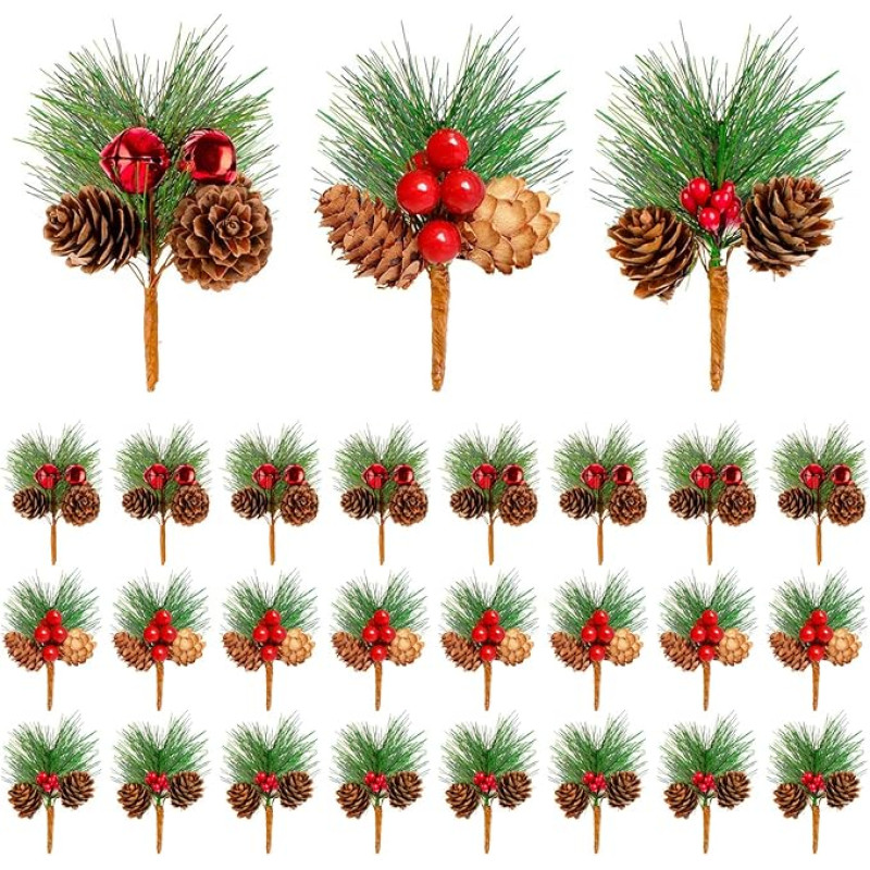 KYTech Christmas Pine Picks 24 Pieces Artificial Pine Cones Red Berries Christmas Wreath Making Accessories Christmas Flowers Berry Garland Christmas Decorations (3 Different