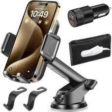 GZhaizhuan Mobile Phone Holder Car 360° Rotation Universal Car Phone Holder, 3 in 1 Suction Cup & Ventilation Holder Car Holder Accessories with Car Charger, Tissue Box, Car Hook