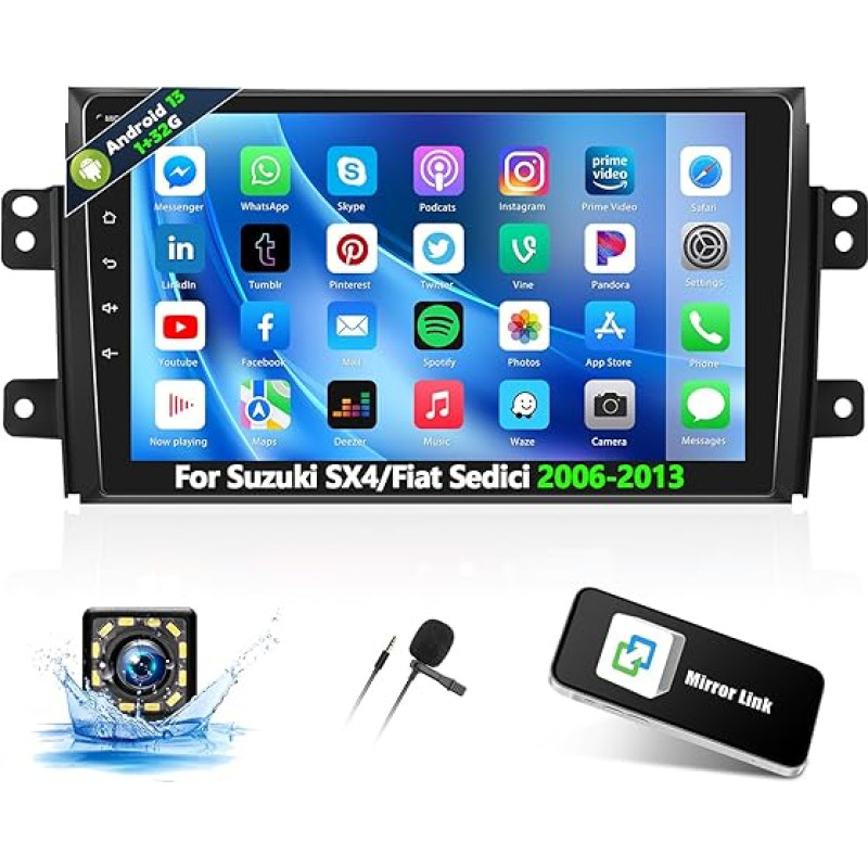 OiLiehu 1G+32G Android 13 Double DIN Radio for Suzuki SX4/Fiat Sedici 2006-2013 Car Radio with Screen 9 Inch Support Equalizer/Bluetooth/Steering Wheel Control/FM RDS/WiFi/GPS/Rear View Camera