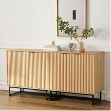 EYYTHUNG Geriffelter Aufbewahrungsschrank 2er-Set, Sideboard, Buffetschrank, moderner Akzentschrank mit verstellbaren Regalen, Credenza, Konsolentisch, Eingangsschrank für Wohnzimmer, natürliche Eiche