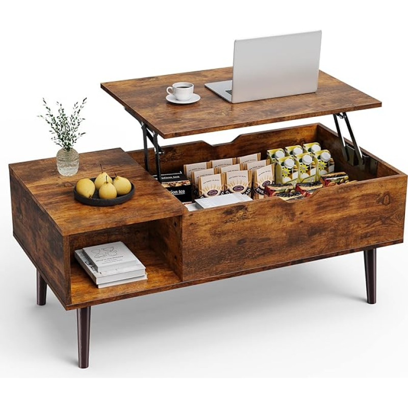 Sweetcrispy Kavos staliukas Kavos staliukai su pakeliamu paviršiumi svetainei Mažas pakeliamasis medinis valgomojo stalas su saugykla ir paslėptu skyriumi, rudos spalvos