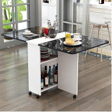 ZEQFEMKL Platzsparender, zusammenklappbarer Esstisch mit 6 Rollen und 2 offenen Ablageflächen für Arbeit, Studium und Esszimmer, Schwarz+Weiß