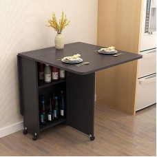 ZEQFEMKL Arbeitszimmer und Esszimmer Klappbarer und ausziehbarer mobiler Klapptisch Schwarzer platzsparender klappbarer Esstisch mit 6 Rollen und 2 offenen Ablageflächen