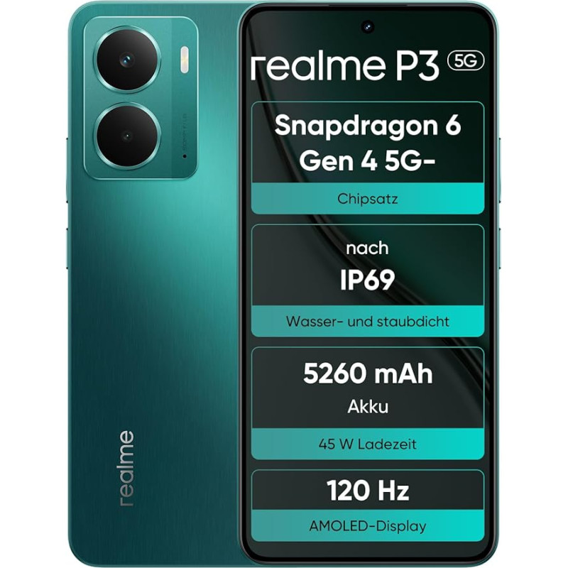 realme P3 5G 12GB+512GB išmanusis telefonas 120Hz AMOLED E-Sport Snapdragon® 6 Gen 4 50MP AI kamera 5260mAh baterija Erdvės aušinimo sistema IP69 žalia (be adapterio)