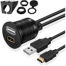 TNP USB HDMI Flush Mount Cable - Dashboard Panel Dash Mount USB + HDMI Port Socket Jack Plug Waterproof Connector Extension Wire Cord for Car Truck Trailer Boat Motorcycle & More (1M / 3FT)