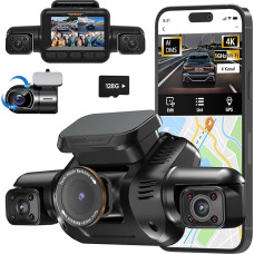 AI DMS Dash Cam Front Rear Interior su 128GB SD kortele, GPS Dashcam su vairuotojo stebėjimo sistema, 4K automobilinė kamera, 4 kanalų 360° kamera automobiliams Integruotas WiFi, 3 colių IPS ekranas, 24H parkavimo režimas, V8Pro