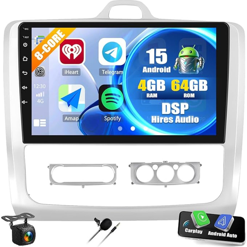 CAMECHO Android 15 Qualcomm 8-Core 4+64G 9 colių automobilinis radijas Ford Focus Mk2 2004-2011 su galinio vaizdo kamera, DSP Bluetooth IPS radijas su belaidžiu Carplay Android automobilinis GPS WiFi FM/RDS ventiliatoriaus aušinimas
