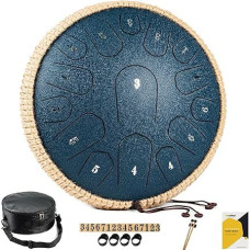 MeloBeat Tongue Drum 13 Inch 15 Tones - Professional Steel Tongue Drum Handpan Set in D Major Including Tongue Drum Songbook, Drum Sticks and Drum Carry Bag (Dark Blue)