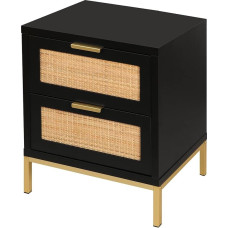 Yvsevnr Rattan Bedside Table with 2 Drawers, Black, Wood Boho Bedside Table, Side Table for Bedroom, Living Room and Small Spaces, 48 x 35 x 53 cm