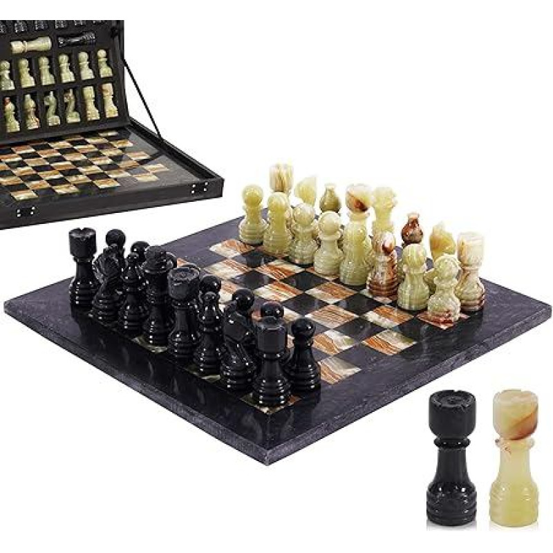 12 colių marmurinių šachmatų rinkinys - rankų darbo su 32 figūromis, 2 papildomomis karalienėmis ir dėžute. Elegantiškas kelioninis žaidimas ir stilinga dovana papuošimui (juodas ir žalias oniksas)