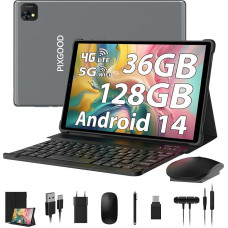 PIXGOOD Tablet 10 Inch 4G LTE and 5G WiFi, Android 14.0 Octa-Core 2.0GHz, 36GB RAM, 128GB ROM (1TB Expandable), 1980 x 1200FHD, 13MP + 8MP, Tablet with Keyboard etc., GPS/Bluetooth (Grey)