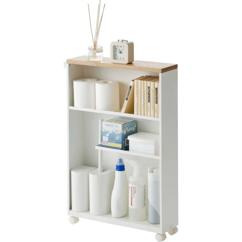 Yamazaki 4306 Tower Semi-Closed Storage Trolley, White, Steel/Wood, Minimalist 13 x 47.5 x 68 cm