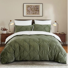 Lanqinglv Duvet Cover 240 x 260 cm Flannel Sherpa Fleece Winter Warm Fluffy Plush Bedding Double Green White Reversible Pintuck Girls Teens Bedding with
