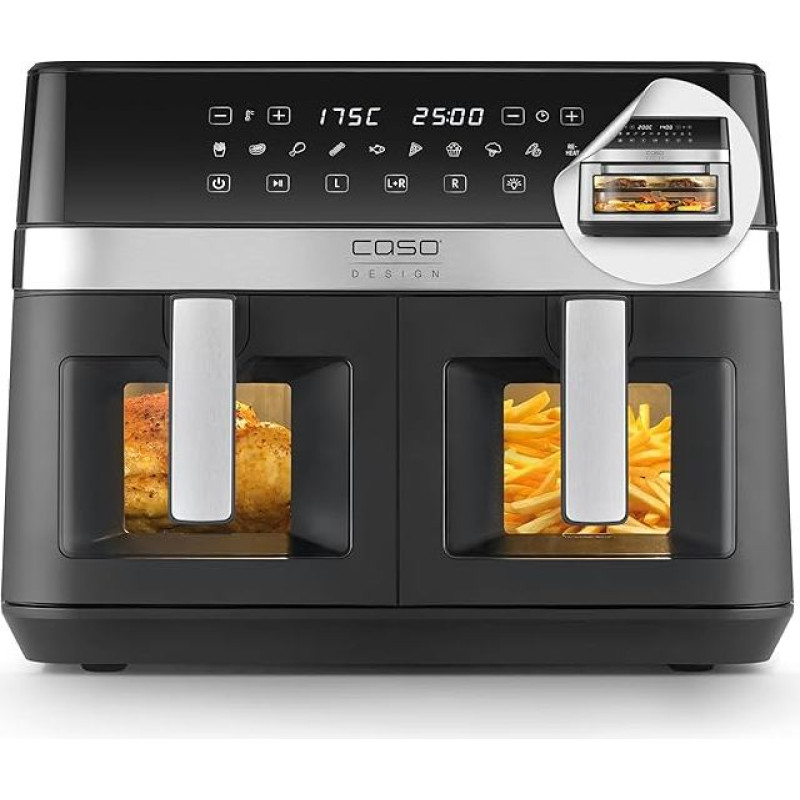 CASO AirFry DuoChef - karšto oro keptuvė - 2-in-1 oro keptuvė su 2 kepimo krepšiais arba kaip didelė oro kepimo orkaitė, 14 litrų, oro keptuvė su 10 programų, 50-200 °C, laikmatis, galima plauti indaplovėje