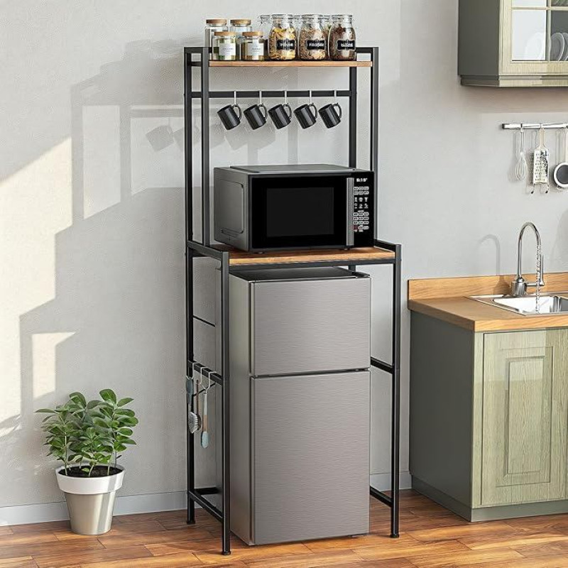 Housolution Mini-Kühlschrankständer mit Aufbewahrung, 2-Stufiger Küchenmikrowellenständer Mini-Kühlschrank Regal Höhenverstellbar Bäckergestell mit 8 Haken für Schlafsaal, Wohnzimmer, Braun