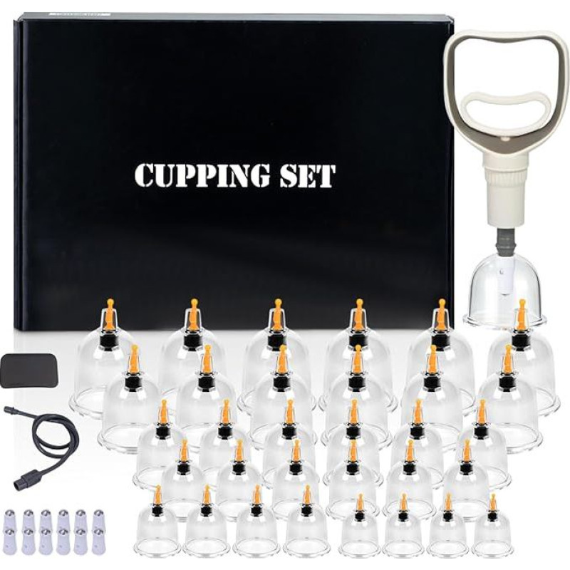 32 vnt. puodelių su vakuuminiu siurbliu, puodelių stiklinės celiulitui, įtampai ir raumenims atpalaiduoti, veido ir kūno puodeliavimas, puodelių rinkinys su akupresūros taškų magnetais