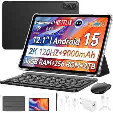 Blackview Mega2 Android 15 Tablet 12 Inch, 36GB RAM + 256GB ROM, 2K FHD Gaming Tablet with Keyboard Mouse Pen Headphones, 4G LTE + 5G WiFi, 9000mAh, WideVine L1, Dual Camera, Face ID, GPS, Case