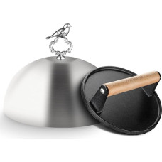 PURPLEBIRD Burger Bell & Burger Smasher Set, nerūdijančio plieno Burger Bell XL (skersmuo 24 cm) su sunkia ketaus mėsainių spaudimo įranga (skersmuo 17,7 cm), skirta dujinėms kepsninėms, Teppanyaki,