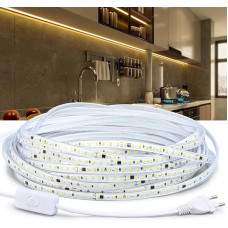 LED Strip 10 m, 230 V LED Strip Light Strip Outdoor Waterproof Light Strip, Warm White 3200 K Lamp Lamps, 10 Metres LED Strip with Switch, Home Decoration Kitchen Garden LED Lighting