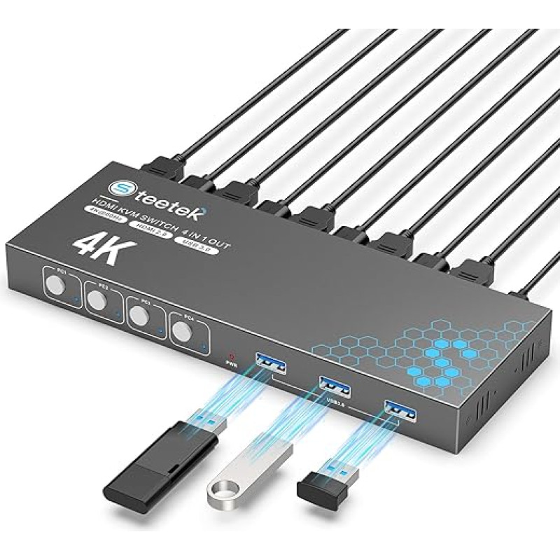 4 prievadų HDMI KVM jungiklis 4 kompiuteriams, 1 monitoriui, USB 3.0 KVM jungiklis 4K@60Hz, skirtas 4 kompiuteriams, kurie dalijasi 1 klaviatūra, pele, diskiniu kaupikliu ir spausdintuvu, su 1 HDMI ir 3 USB kabeliais, HDCP 2.2, 