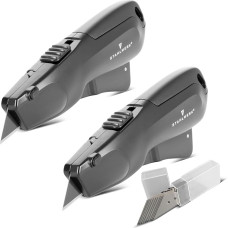 STAHLWERK UCM-19 ST pjaustymo peilių rinkinys iš 2 vnt., įskaitant 10 greitai keičiamų ašmenų - apsauginis peilis su automatiniu ašmenų ištraukimu ir apsauginiu užraktu, kilimų peilis, siuntinių peilis, kartono peilis