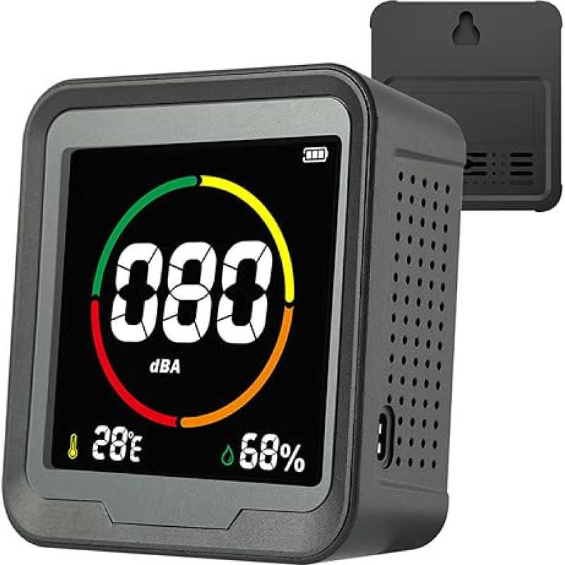 VETOUCH Garso lygio aukšto tikslumo decibelų matuoklis, 3-in-1spl matuoklis, lygio temperatūros / drėgmės matavimas, C tipo įkrovimo / pakabinamas skylės lygio matuoklis, praktiškas praktinis garso lygio matuoklis