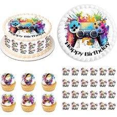 Edible Gamer Neon Cake Topper with Cake Ribbon Game and 12 Muffin Decoration, Edible Cake Decoration, Creative Decoration for Cakes, Cake Decoration, for Boys Birthday