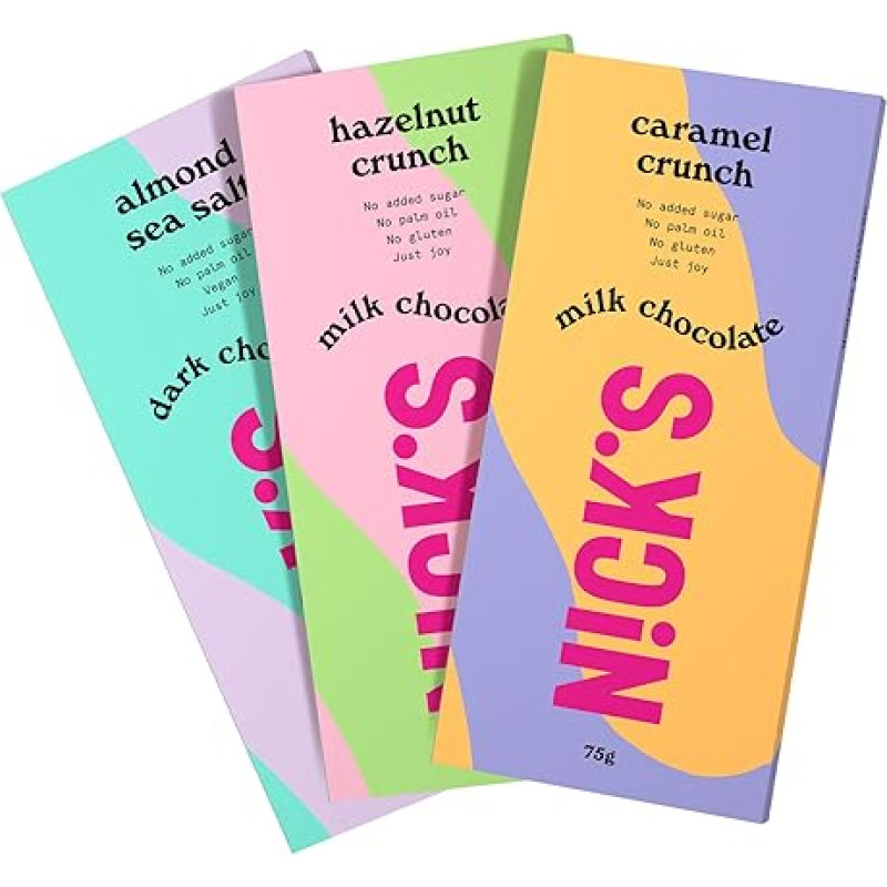 NICKS Chocolate Bars Mix without Added Sugar, Gluten Free, Low Carb, Palm Oil, Keto Chocolate (3 x 75 g)