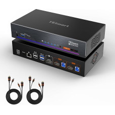 TESmart HKS201-Meister 4K @ 144Hz HDMI KVM jungiklis 2 kompiuteriams, 1 monitoriui, skirtas žaidimams, USB 3.0 HDMI 2.1 8K @ 60Hz KVM jungiklis, EDID, 1Gbps Ethernet, pasirinktinis sparčiųjų klavišų jungiklis, garso mikrofonas, 2 KVM kabeliai