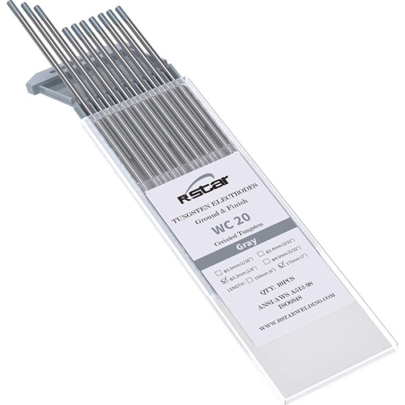 WC-20 pilkasis, sudarytas iš 98 % volframo ir 2 % cerio oksido, visiškai nespinduliuojantis TIG volframo elektrodas, 3,2 x 175 mm skersmens, 10 vnt. pakuotėje